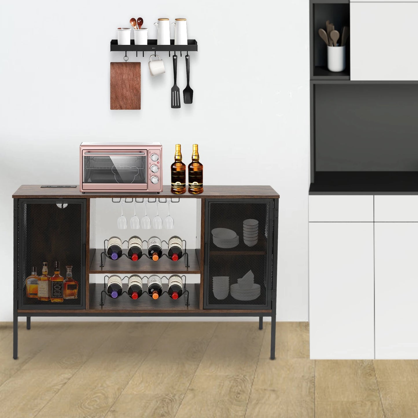 Wine Bar Cabinet With Glass Holder And Coffee Station
