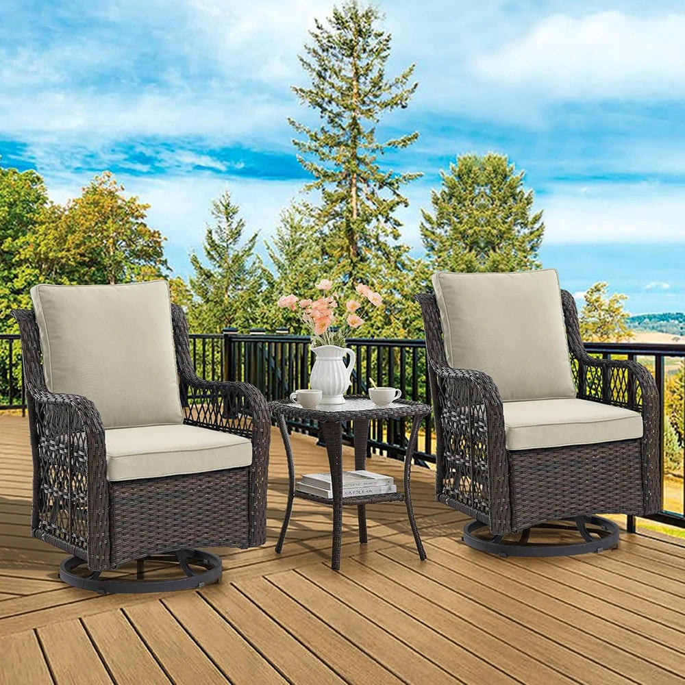 HiMISS 3-Piece Outdoor Wicker Swivel Patio Set With Glass Table