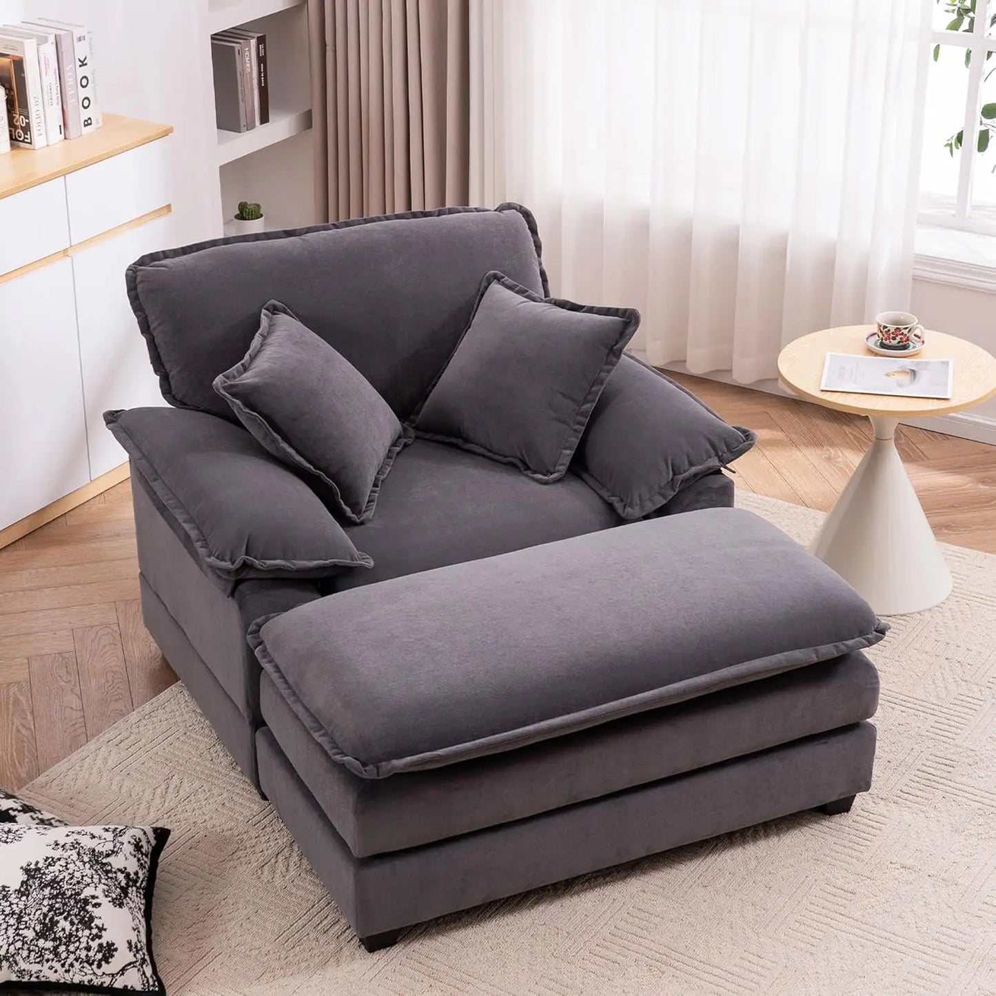 Oversized Chaise Lounge Chair With Ottoman Indoor Velvet Deep Seat