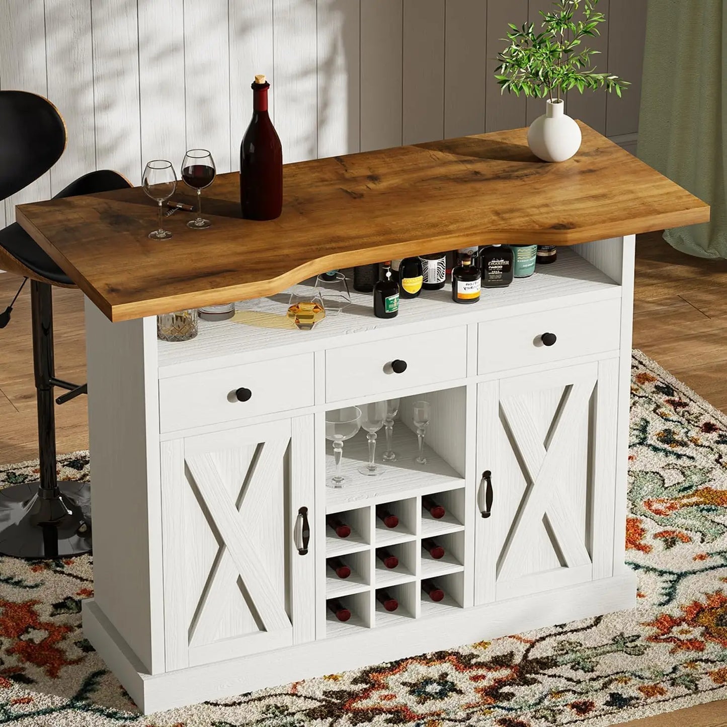 Farmhouse Bar Table With Wine Rack And Drawers Storage Cabinet