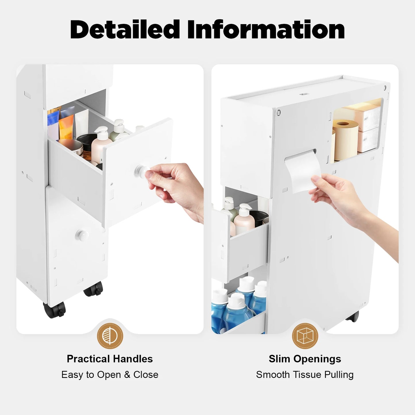 Slim Bathroom Storage Cabinet Toilet Side Cabinet 4 Layers Floor Storage Organizer with Slide Out Drawer White