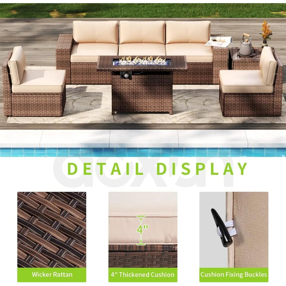 7 Piece Outdoor Wicker Patio Set With Fire Pit Table And Cushions