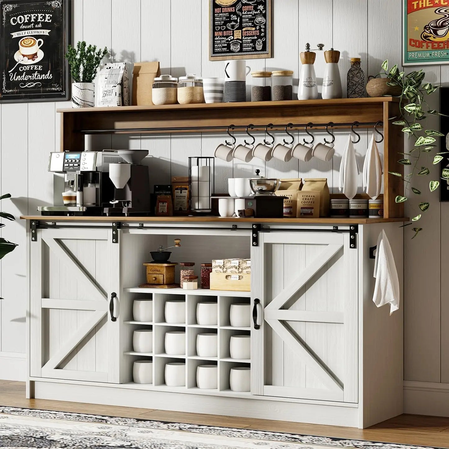 Farmhouse Coffee Bar Cabinet With Eight Hooks Kitchen Hutch Storage