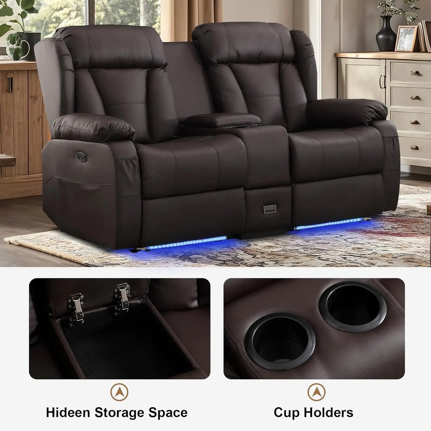 Power Reclining Faux Leather Loveseat With Console And Led Ambient