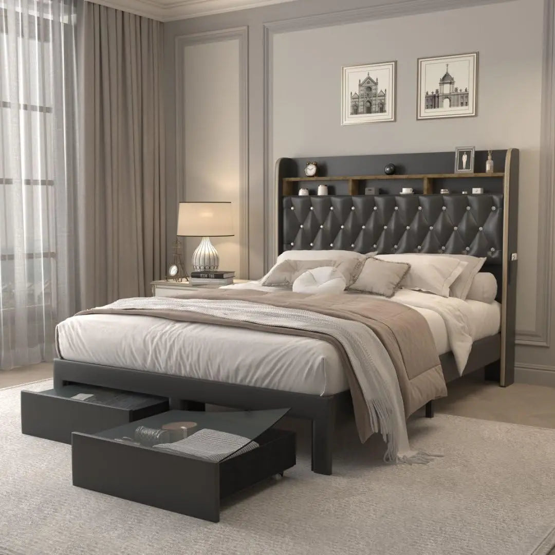SIBEDSCN Queen LED Bed Frame With Storage And Star Projector