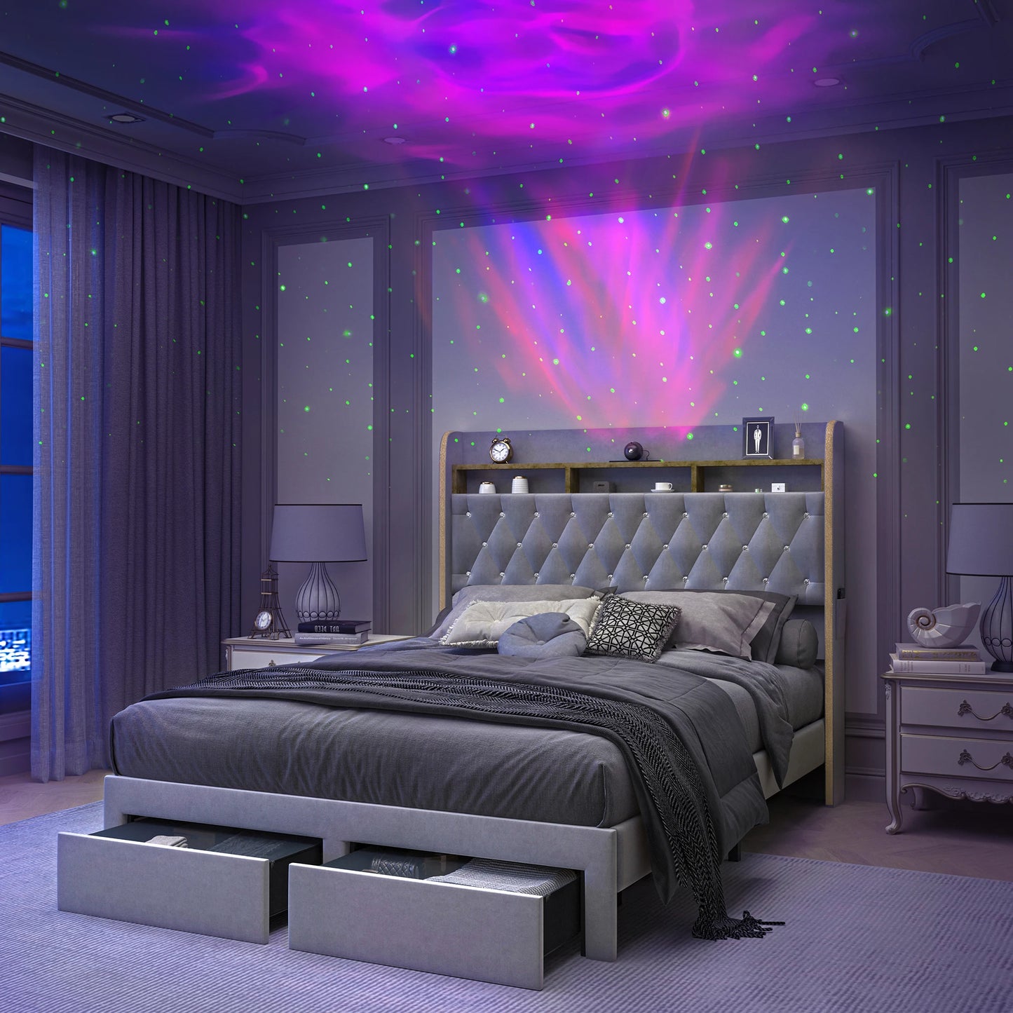 SIBEDSCN Queen LED Bed Frame With Storage And Star Projector
