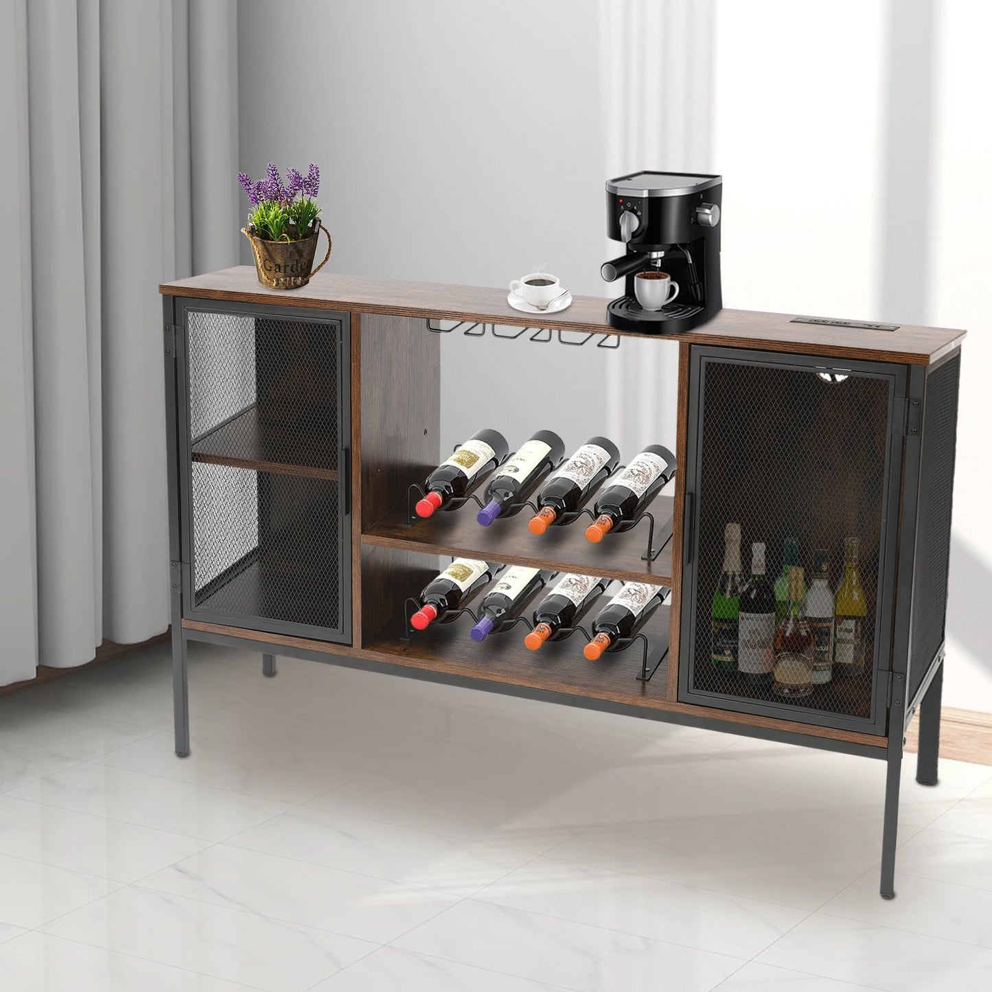 Wine Bar Cabinet With Glass Holder And Coffee Station
