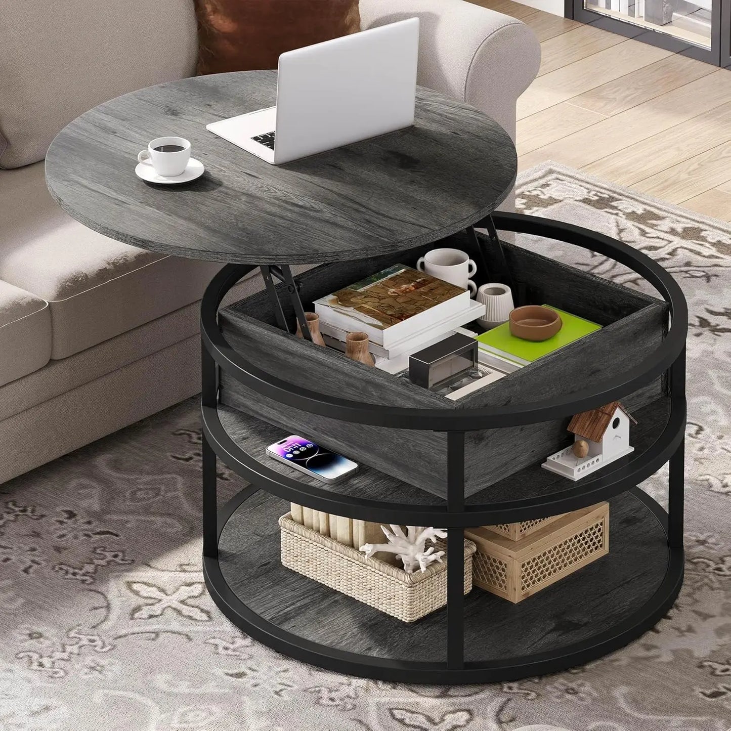 Round Lift Top Coffee Table With Storage Farmhouse Style Wood