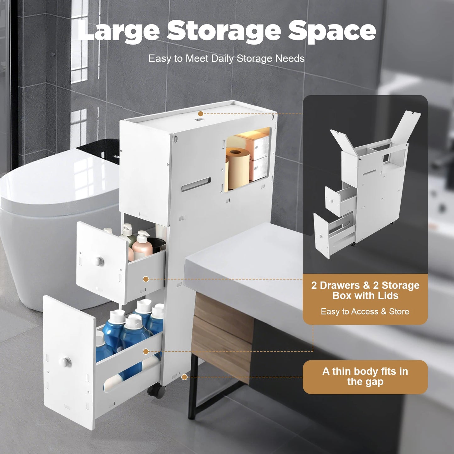 Slim Bathroom Storage Cabinet Toilet Side Cabinet  4 Layers Floor Storage Organizer with Slide Out Drawer White