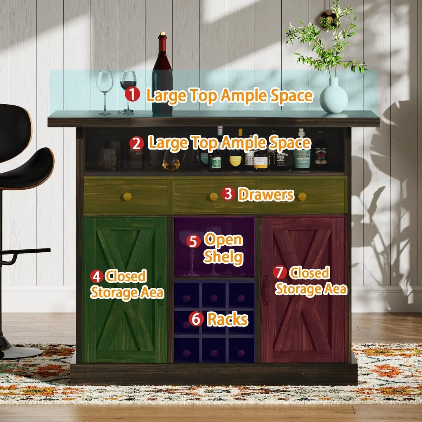 Farmhouse Bar Table With Wine Rack And Drawers Storage Cabinet