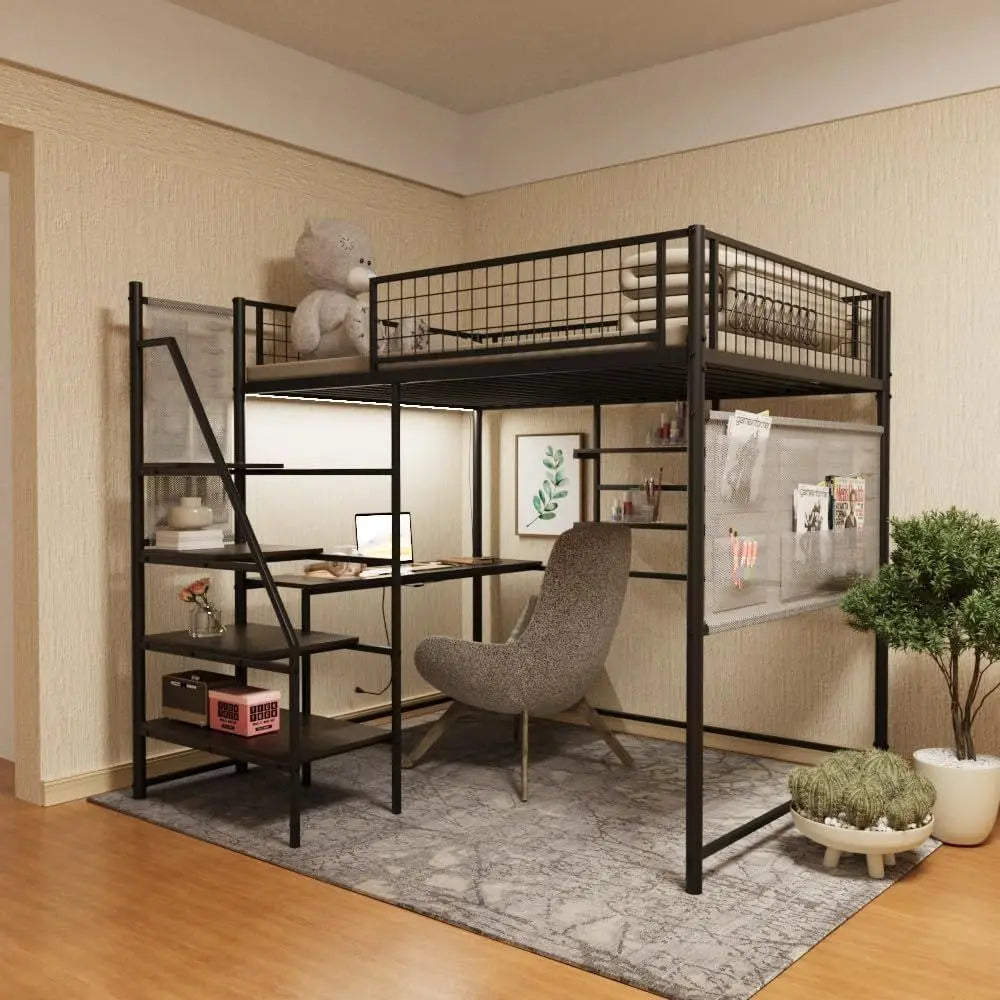 Metal Loft Bed With Stairs Desk And Charging Station