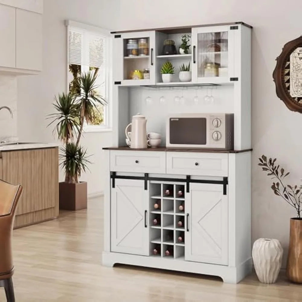 Farmhouse Wine Bar Cabinet With Sliding Barn Door Hutch Storage