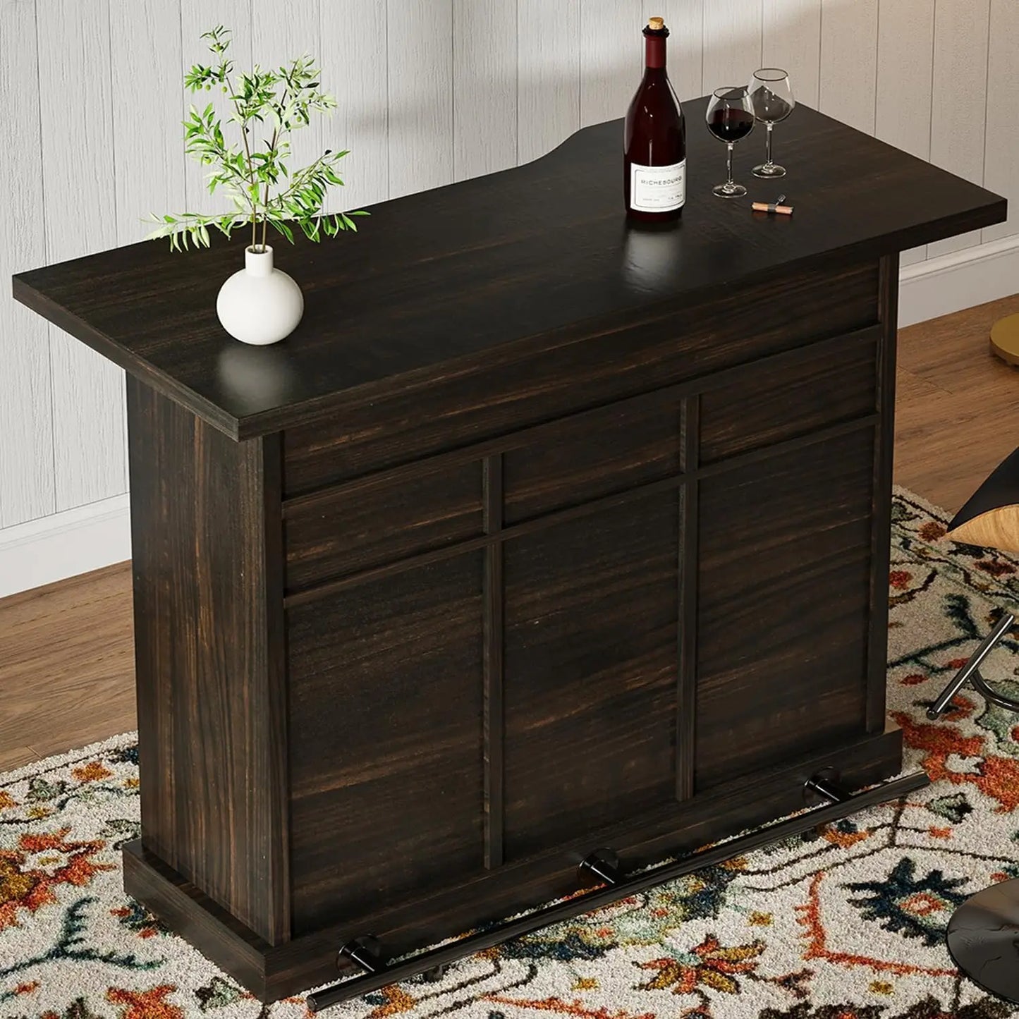Farmhouse Bar Table With Wine Rack And Drawers Storage Cabinet