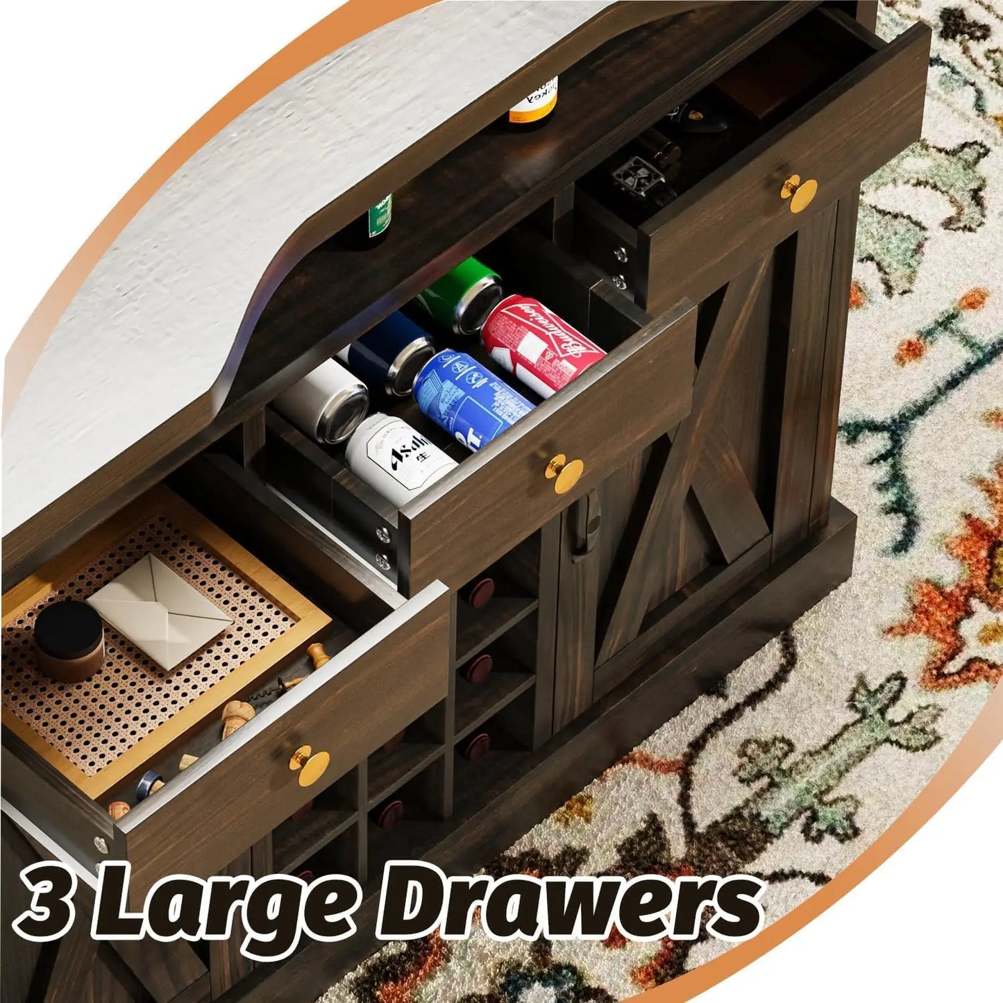Farmhouse Bar Table With Wine Rack And Drawers Storage Cabinet