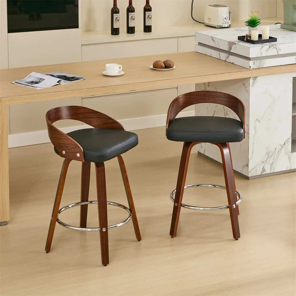 2 PCS Bar Pub Stools Set 360-degree Swivel Barstools with Low Back Wood Legs Chairs with Soft Cushion Seat Footrest For Kitchen