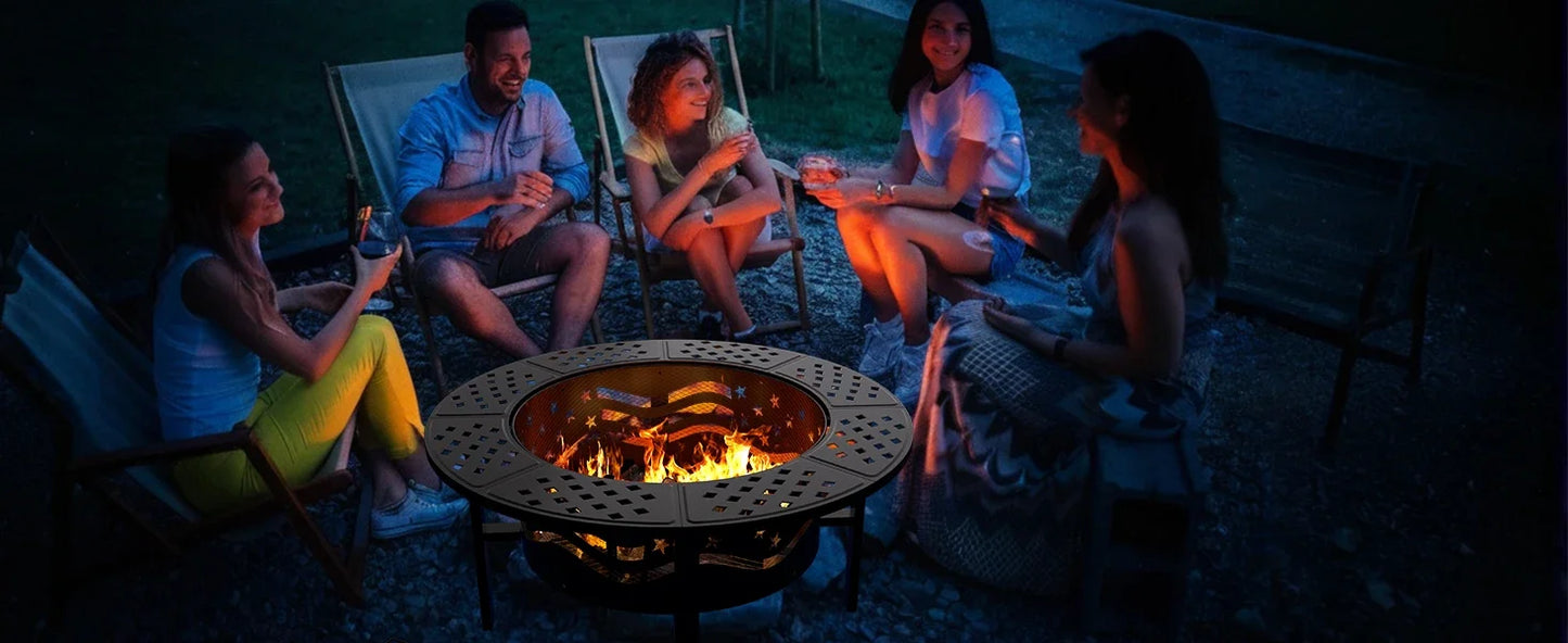 Outdoor Fire Pit With Grills Heavy Duty Metal Round