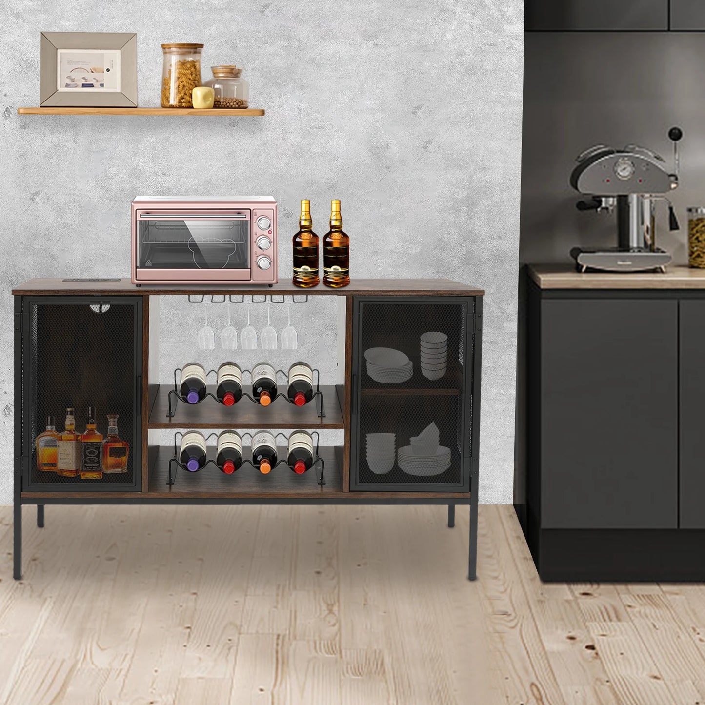Wine Bar Cabinet With Glass Holder And Coffee Station