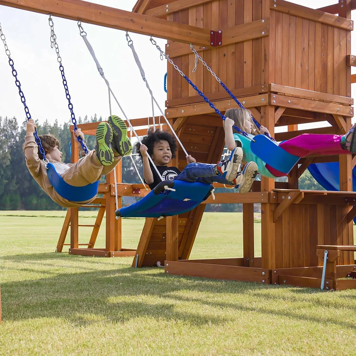 Backyard Wooden Swing Set With Plank Bridge And Wave Slides
