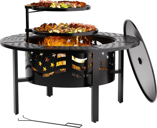 Outdoor Fire Pit With Grills Heavy Duty Metal Round