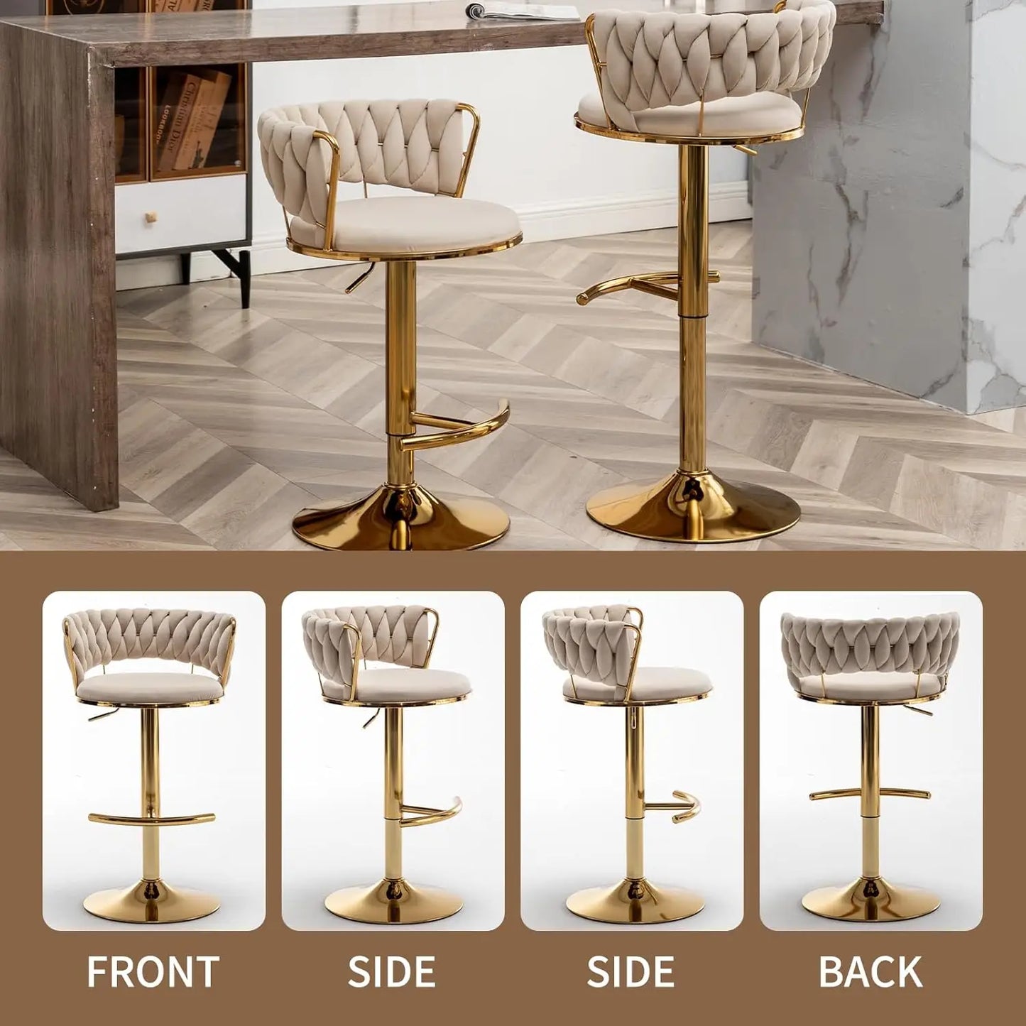 Gold Bar Stools Set of 4, Velvet Swivel Barstools with Woven Backrest, Adjustable Bar Chairs for Kitchen Island,, Customized