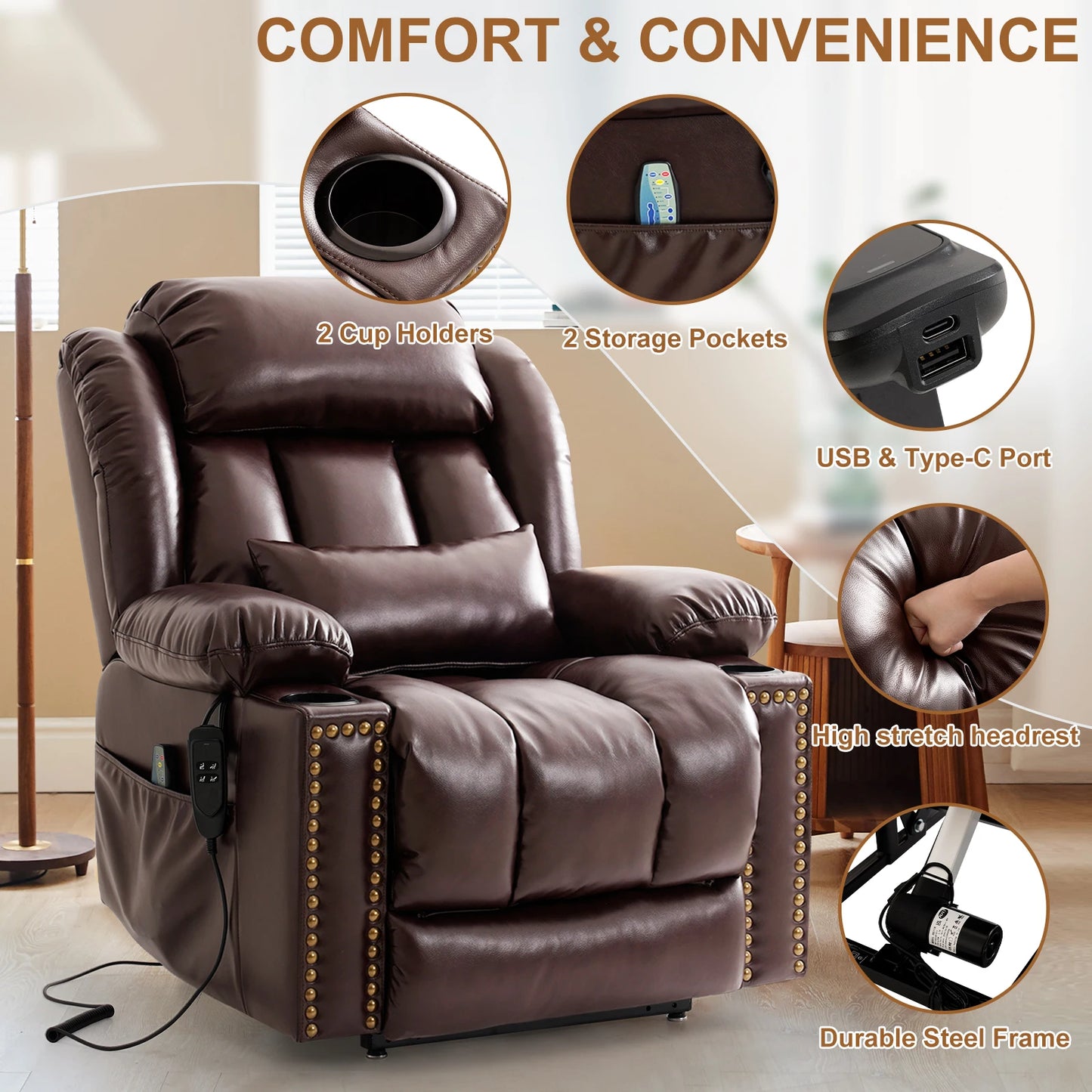 PARKOLCN Power Lift Recliner Dual Motor Electric Leather Chair With Heat Massage