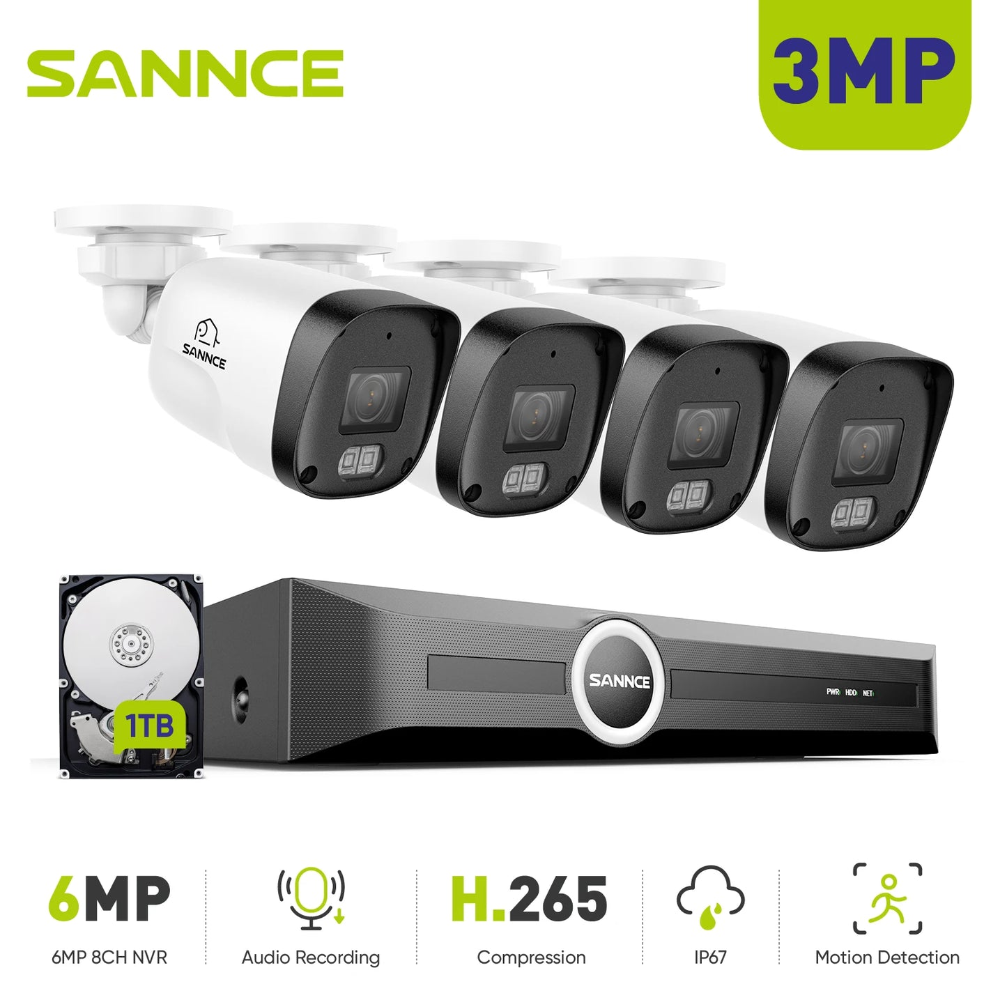 SANNCE 8CH NVR 3MP Security Camera System 4pcs PoE IP Cameras 24/7 Recording 1/2/4TB HDD Smart Detection H.265 Video Recorder
