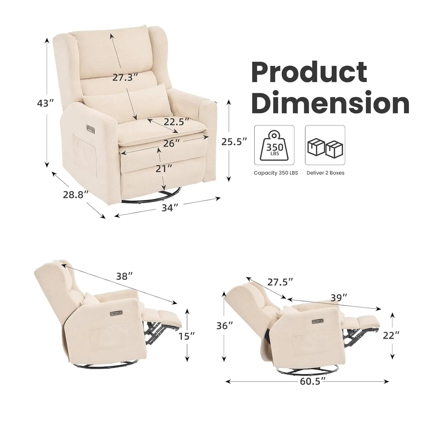 Oversized Swivel Rocker Recliner With Adjustable Headrest Nursery Chair