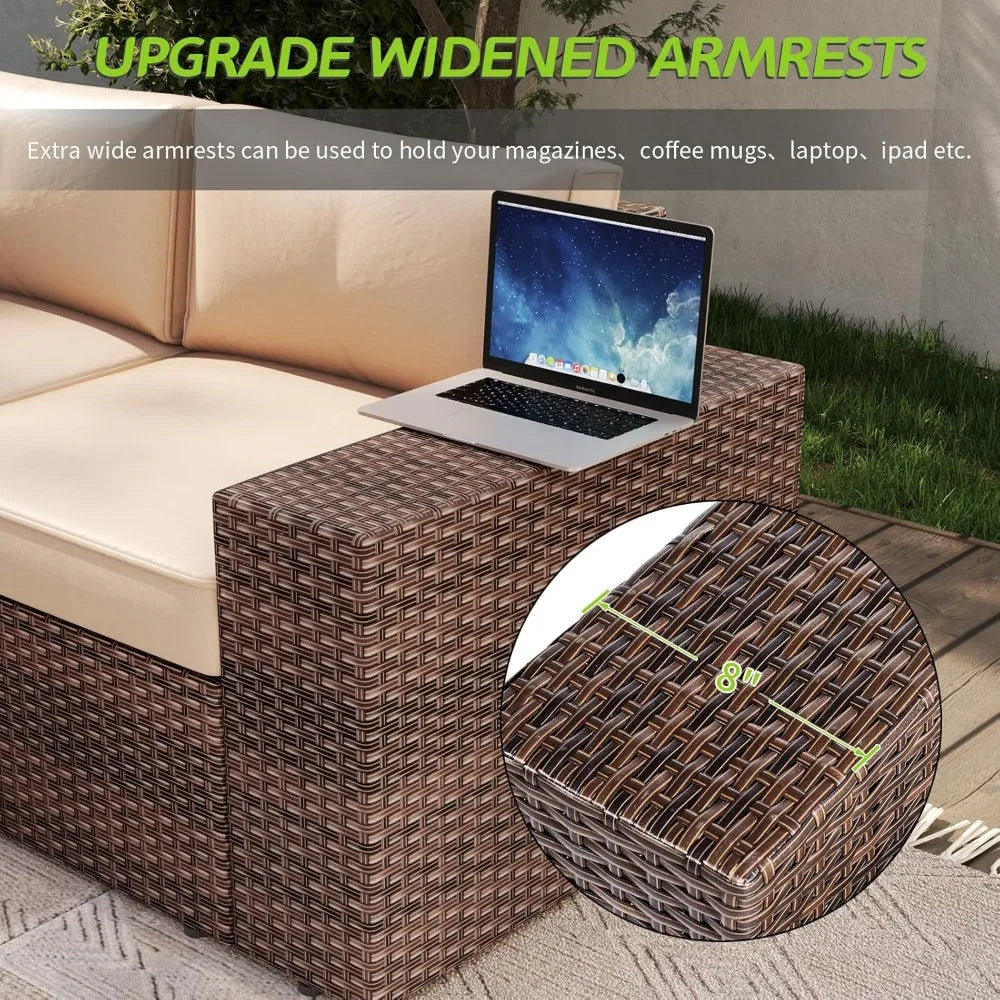 7 Piece Outdoor Wicker Patio Set With Fire Pit Table And Cushions