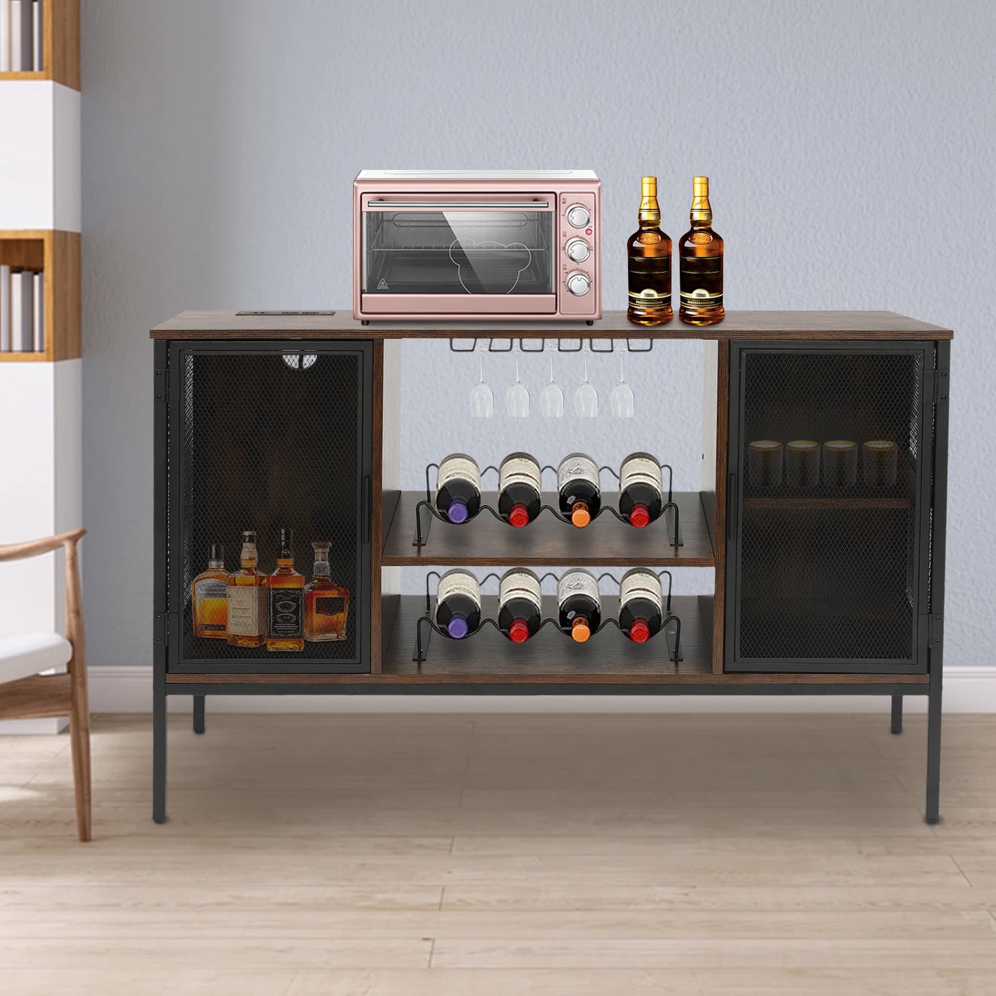 Wine Bar Cabinet With Glass Holder And Coffee Station