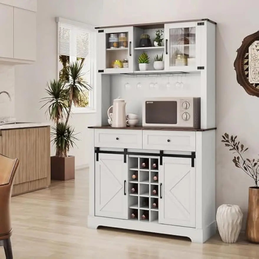 Farmhouse Wine Bar Cabinet With Sliding Barn Door Hutch Storage