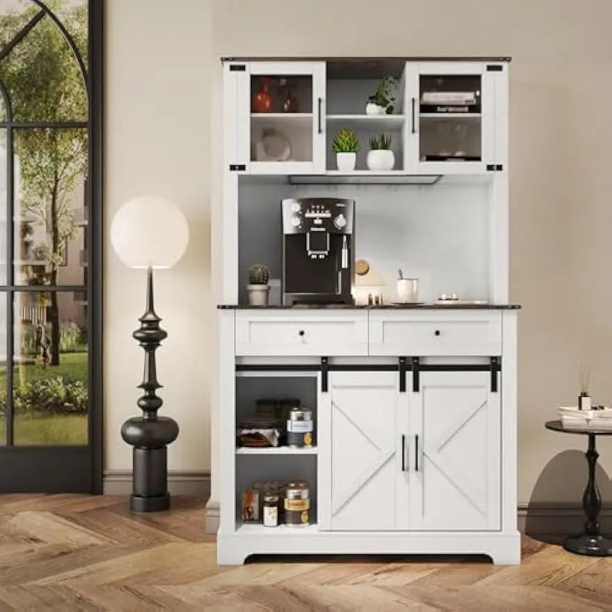 Farmhouse Wine Bar Cabinet With Sliding Barn Door Hutch Storage