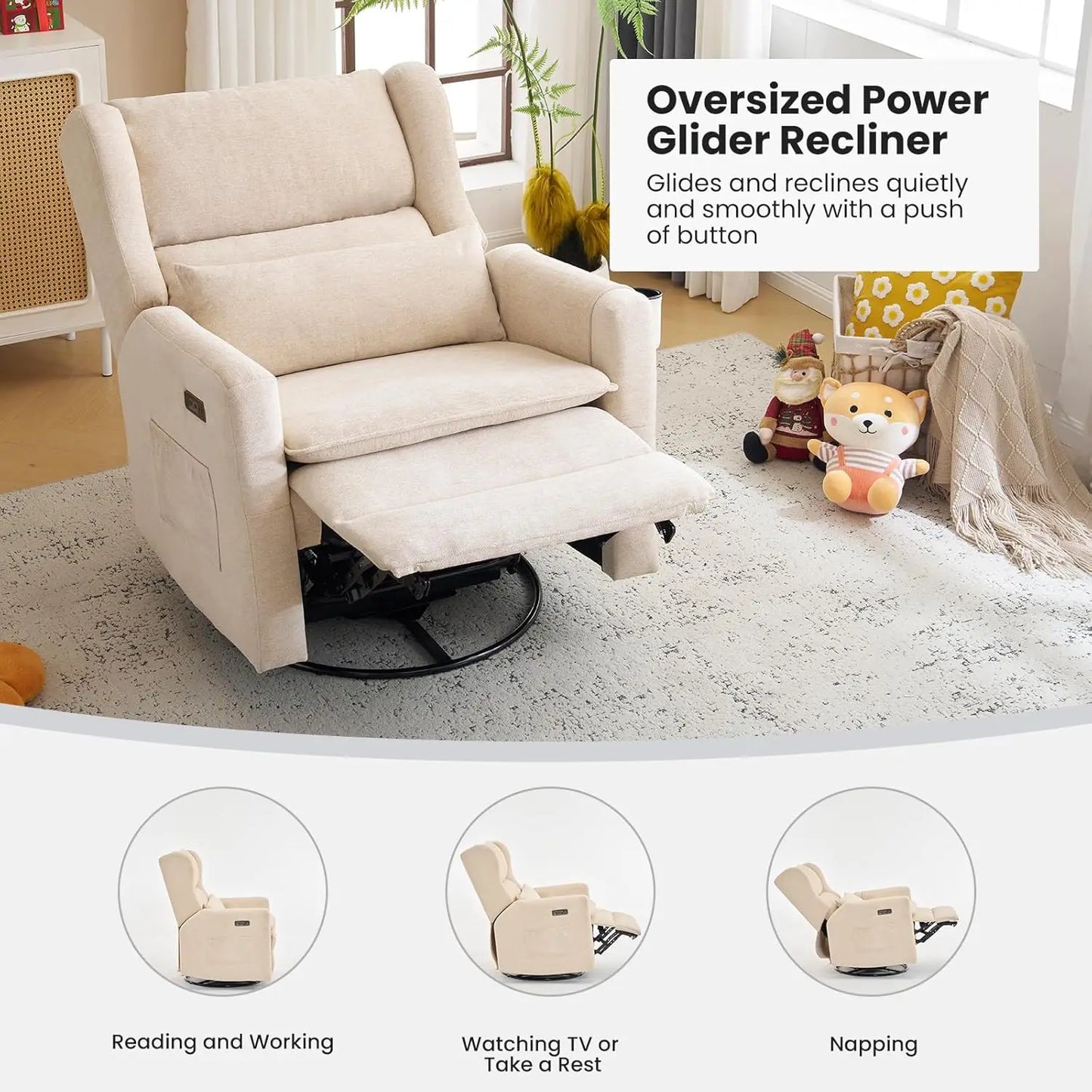 Oversized Swivel Rocker Recliner With Adjustable Headrest Nursery Chair