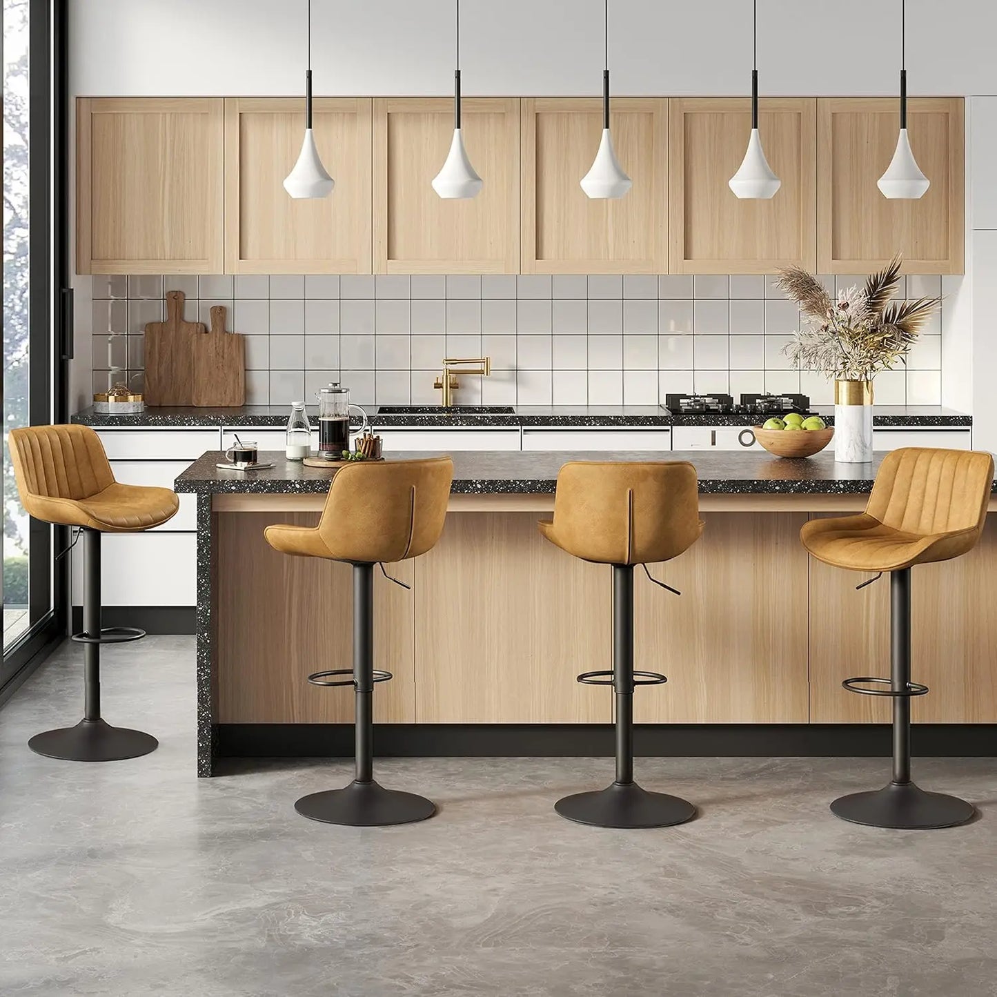 Bar Stools Set of 4, Mid Century Modern Faux Leather Swivel Adjustable Height Bar Stool, Counter Height Pub Bar, Customized