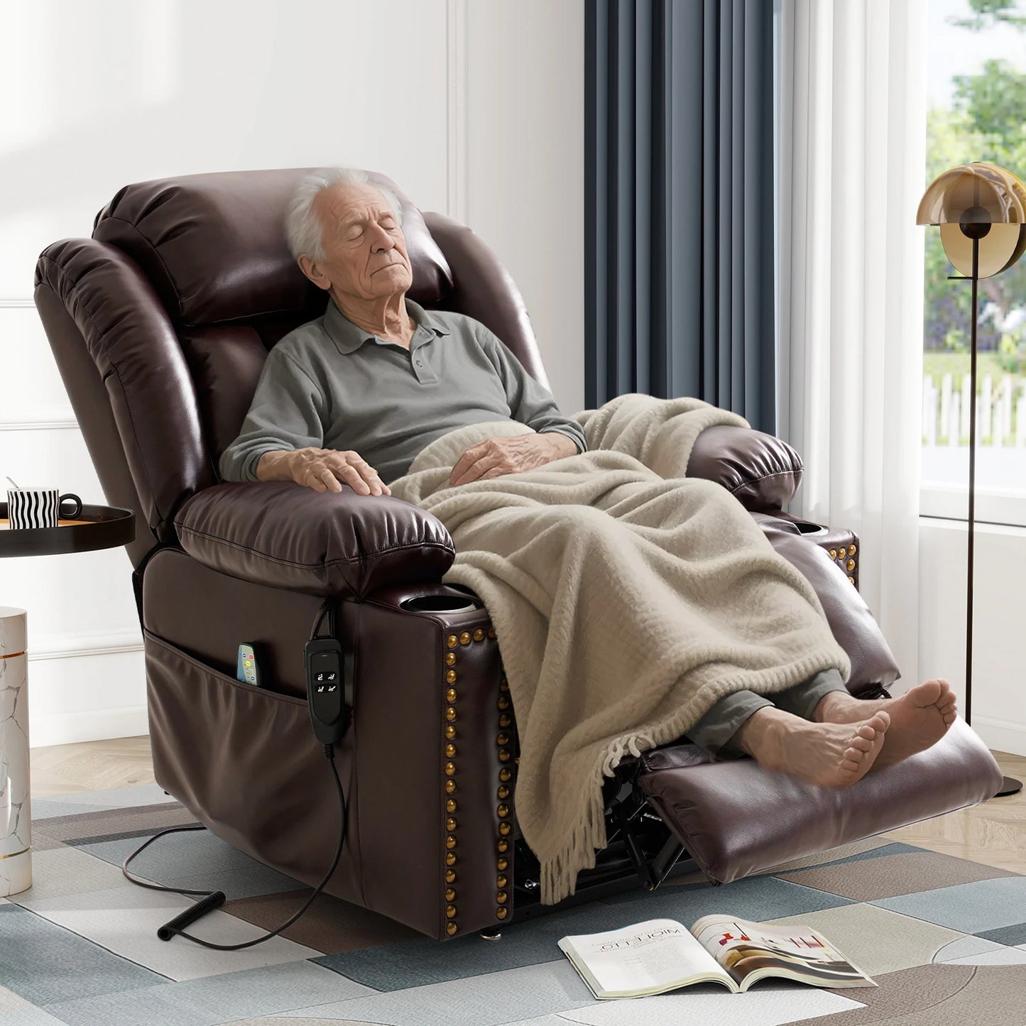 PARKOLCN Power Lift Recliner Dual Motor Electric Leather Chair With Heat Massage