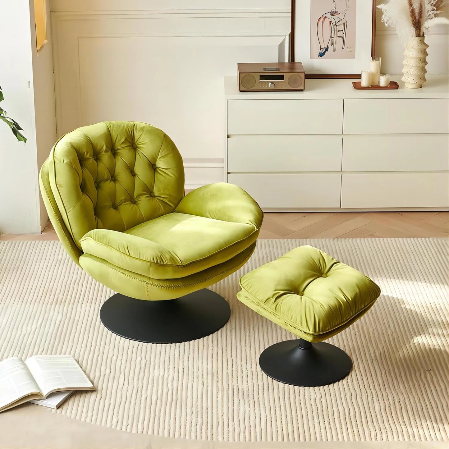 Todrani Velvet Swivel Armchair Set With Ottoman