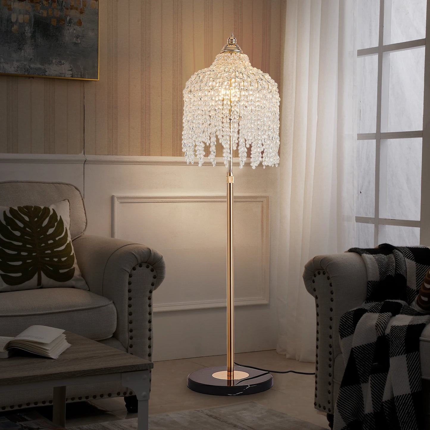 ARLGSITEC 3-Light Crystal Floor Lamp With Marble Base