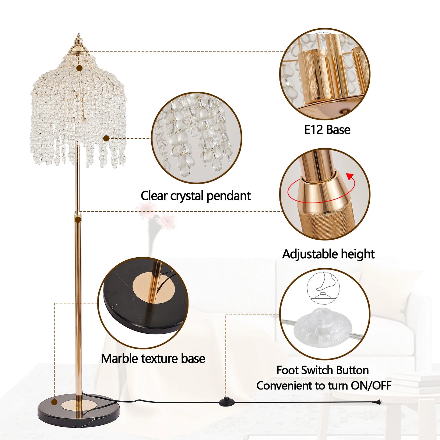 ARLGSITEC 3-Light Crystal Floor Lamp With Marble Base