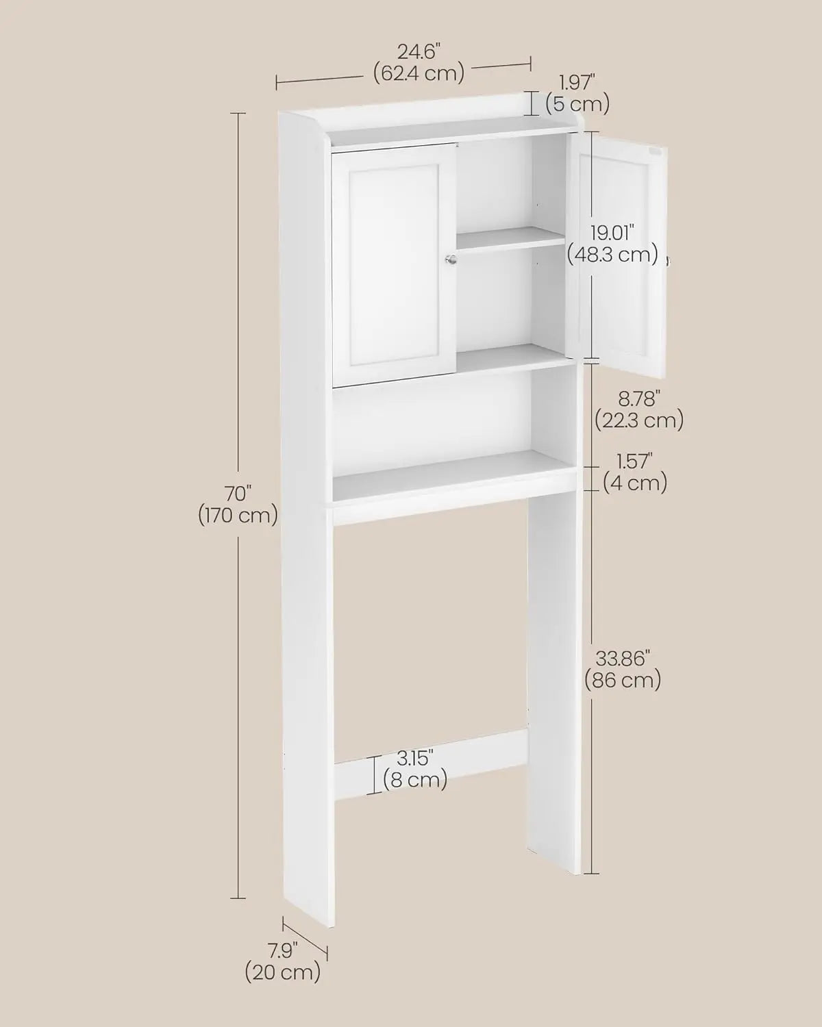 Over the Toilet Storage Cabinet, Bathroom Storage Cabinet with Doors, Adjustable Shelves, Space-Saving, Modern, 7.9 x 24.6 x 70