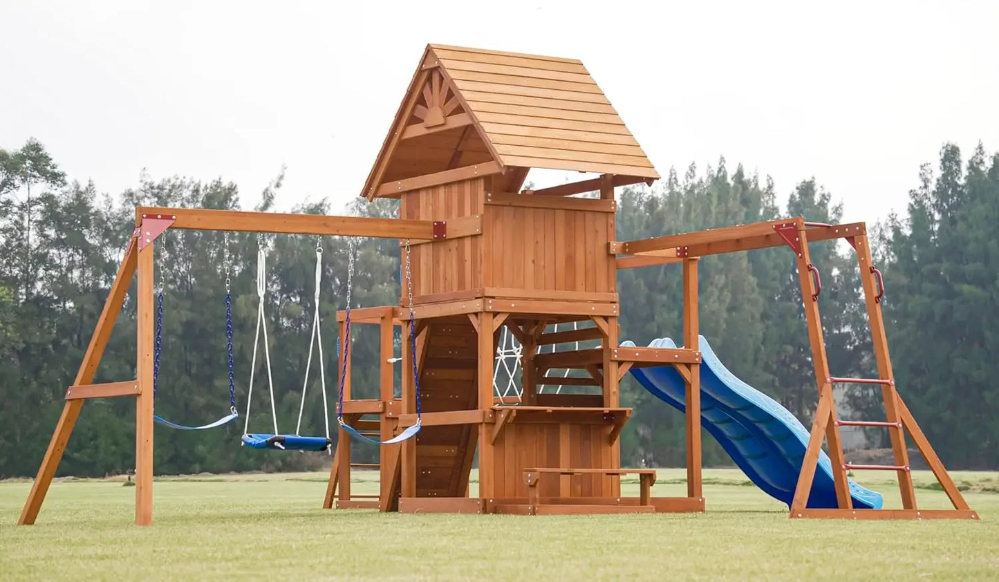 Backyard Wooden Swing Set With Plank Bridge And Wave Slides