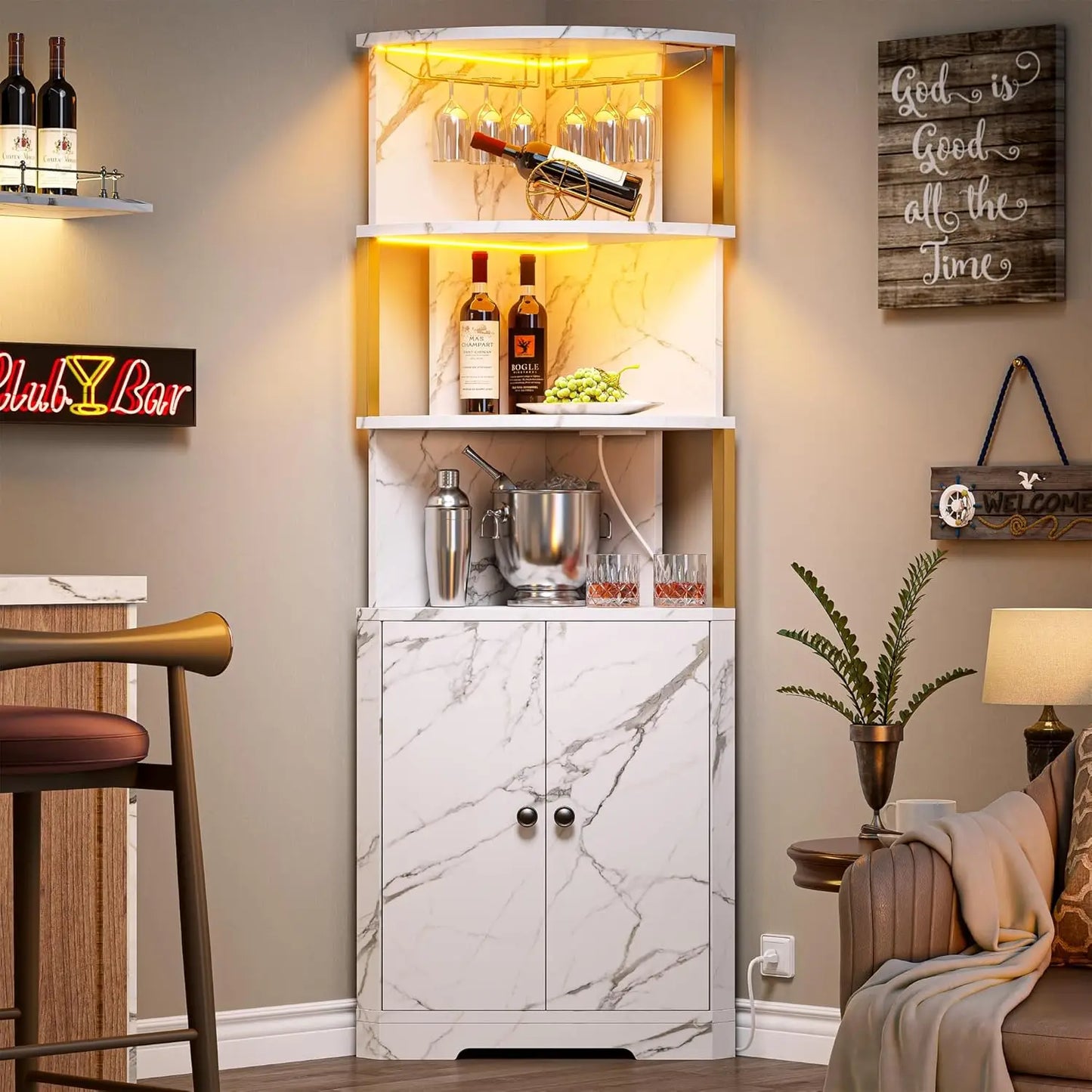 Corner Bar Cabinet With LED Lights And Power Outlets And Wine Rack
