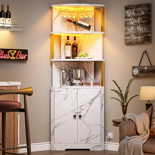 Corner Bar Cabinet With LED Lights And Power Outlets And Wine Rack