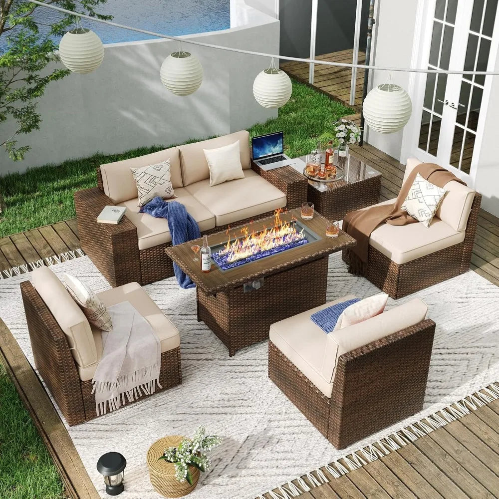7 Piece Outdoor Wicker Patio Set With Fire Pit Table And Cushions