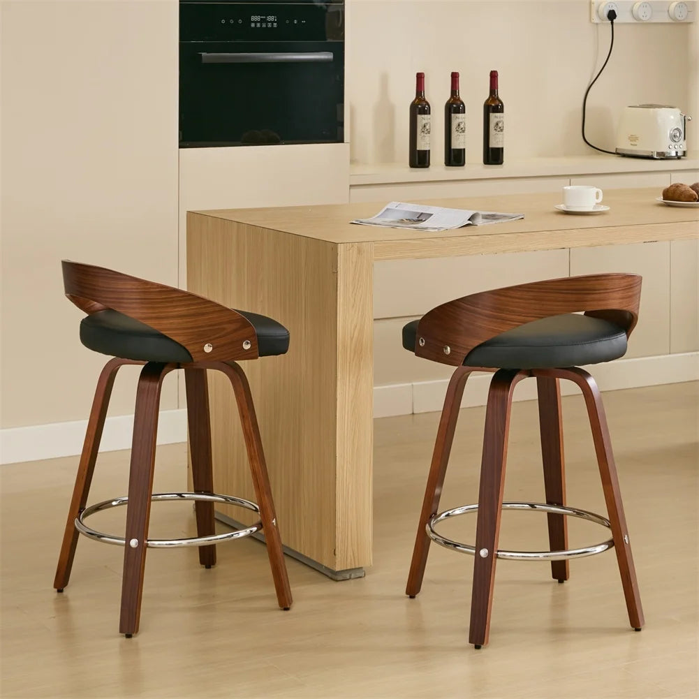 2 PCS Bar Pub Stools Set 360-degree Swivel Barstools with Low Back Wood Legs Chairs with Soft Cushion Seat Footrest For Kitchen