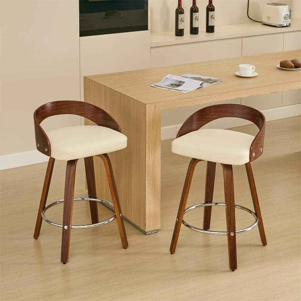 2 PCS Bar Pub Stools Set 360-degree Swivel Barstools with Low Back Wood Legs Chairs with Soft Cushion Seat Footrest For Kitchen