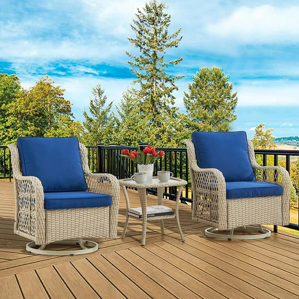 HiMISS 3-Piece Outdoor Wicker Swivel Patio Set With Glass Table