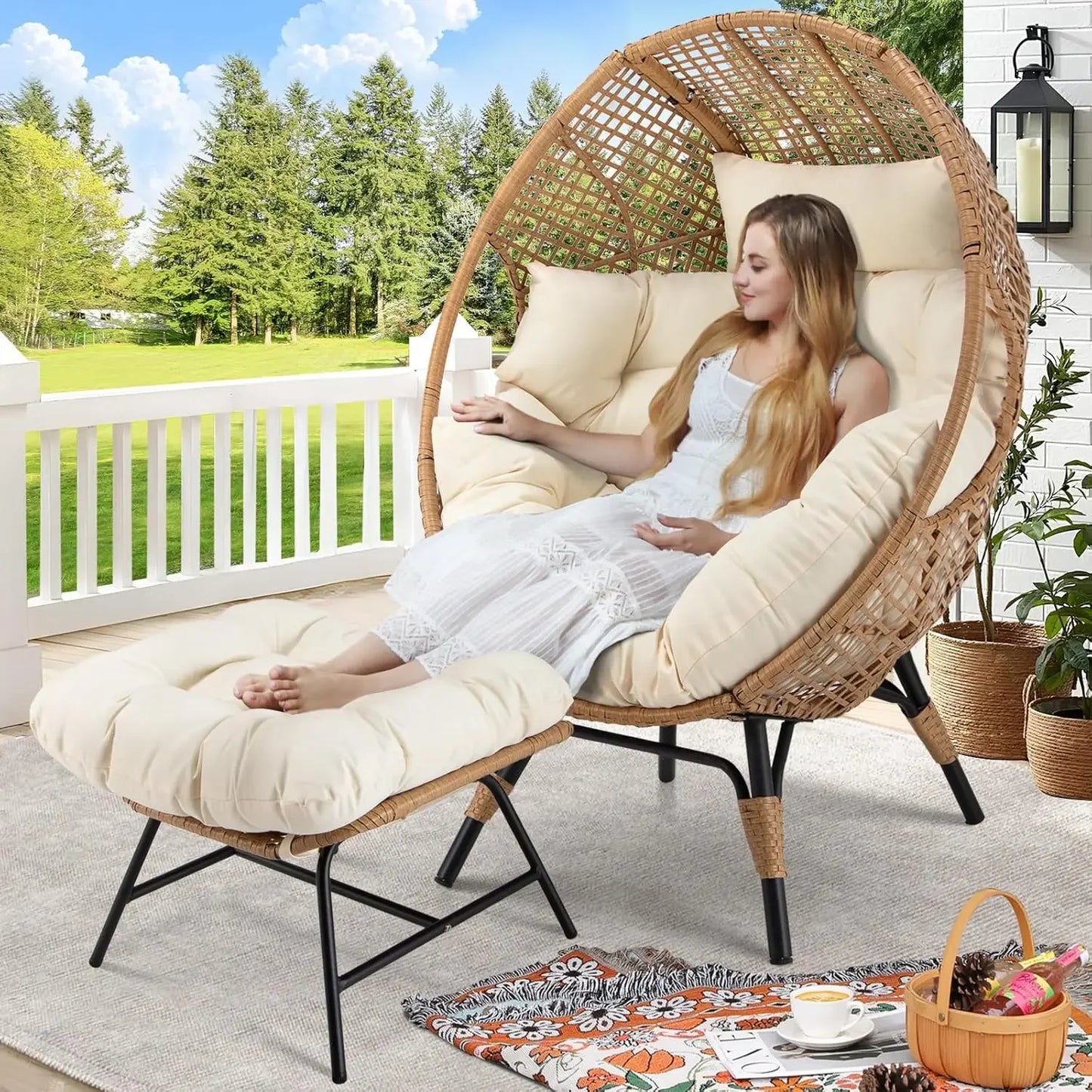 Egg Chair With Footrest Wicker Patio Lounger With Ottoman