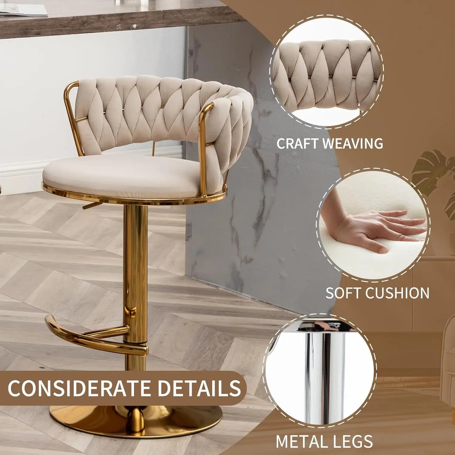 Gold Bar Stools Set of 4, Velvet Swivel Barstools with Woven Backrest, Adjustable Bar Chairs for Kitchen Island,, Customized