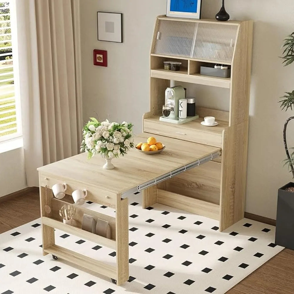 MKDK Modern Coffee Bar Cabinet With Hutch And Foldable Table