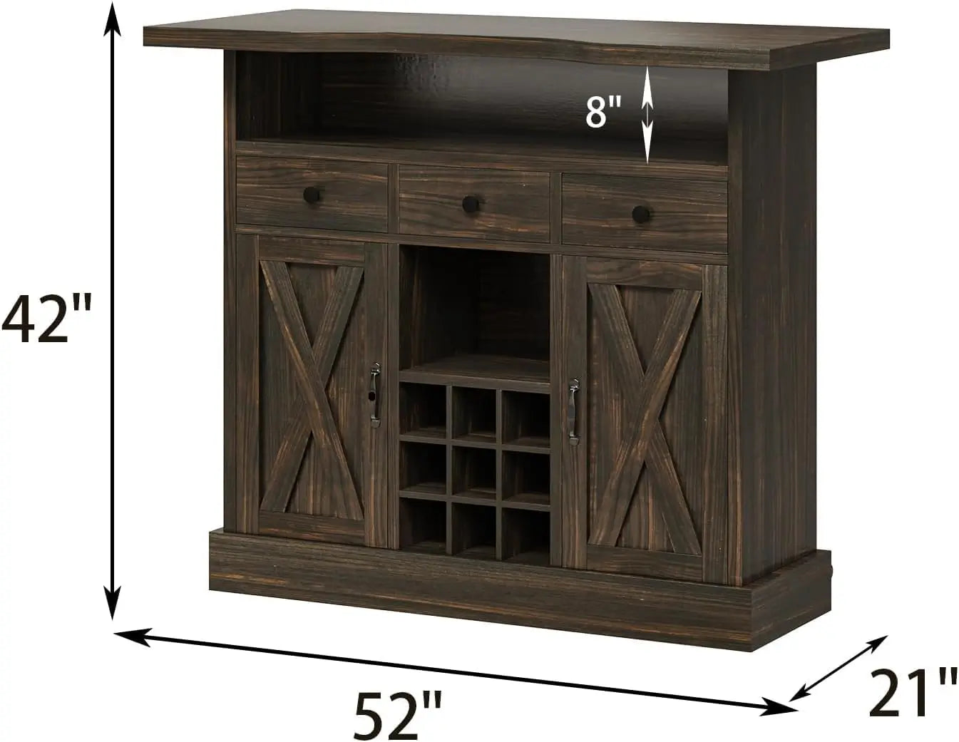 Farmhouse Bar Table With Wine Rack And Drawers Storage Cabinet
