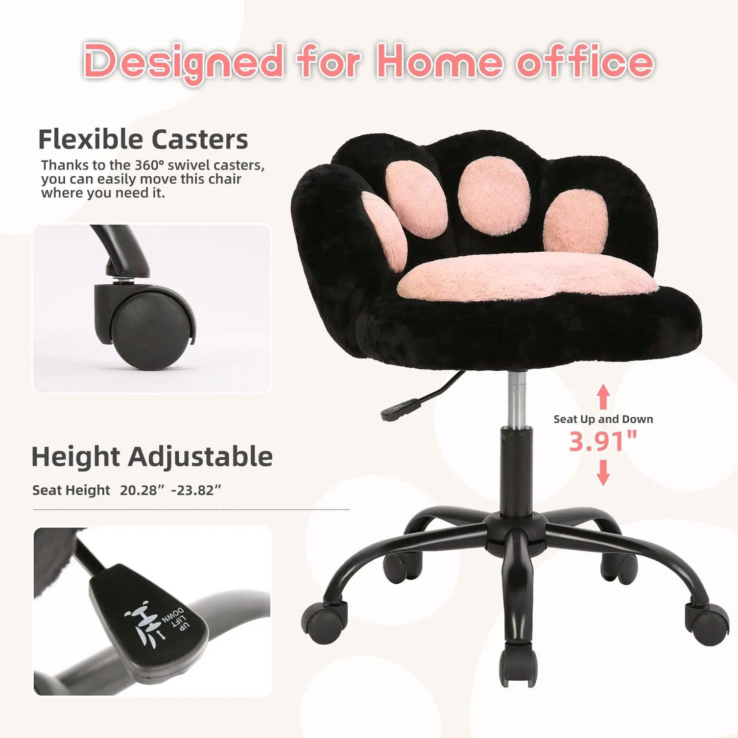 HiMISS Vanity Cat Paw Office Chair With Wheels 360 Rotation